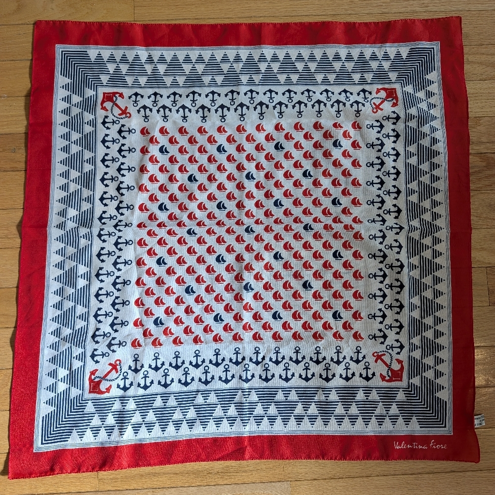 Valentina Fiore Vintage Nautical Red Navy Blue and White Scarf 26x26 Inches